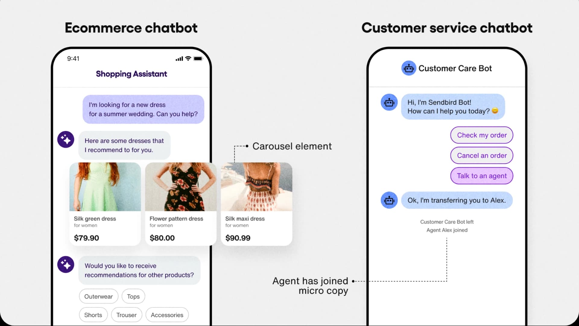 Een moderne AI chatbot interface op twee telefoons met klantenservice gesprekken.